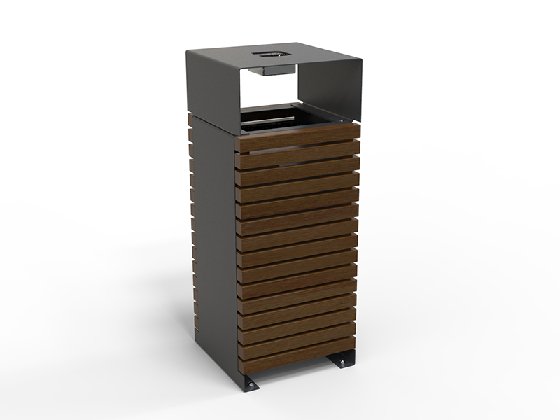 Poubelle urbaine acier et bois avec toit et cendrier – Image 3