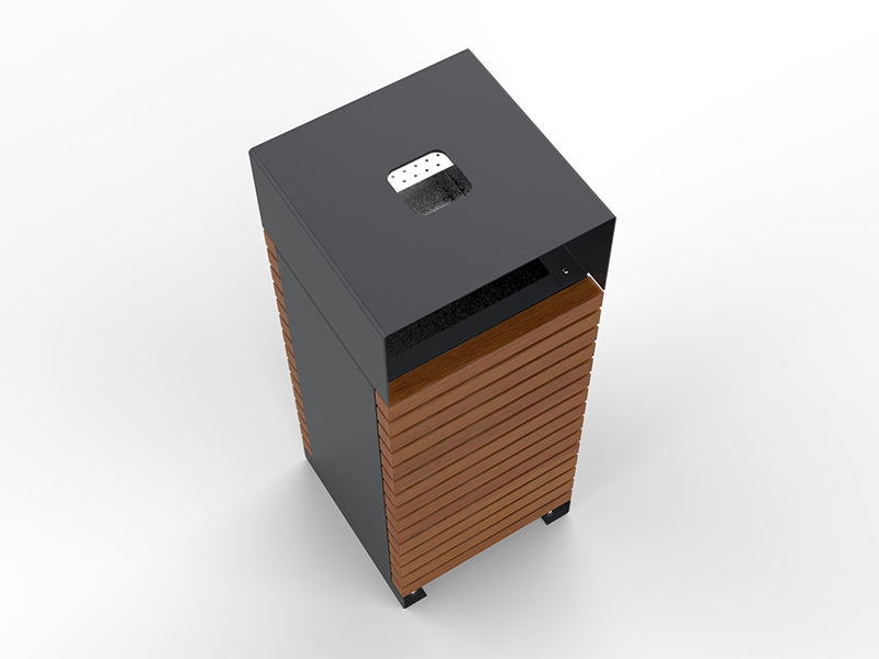 Poubelle urbaine acier et bois avec toit et cendrier – Image 4