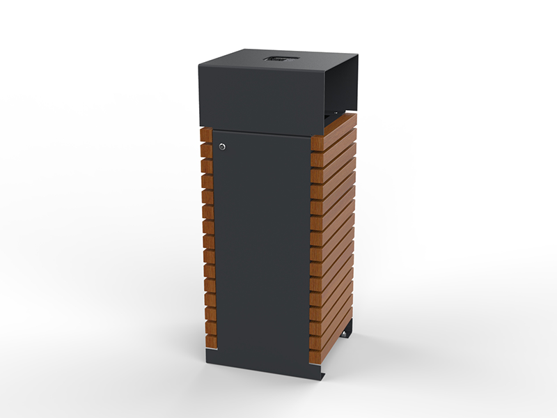 Poubelle urbaine acier et bois avec toit et cendrier – Image 5