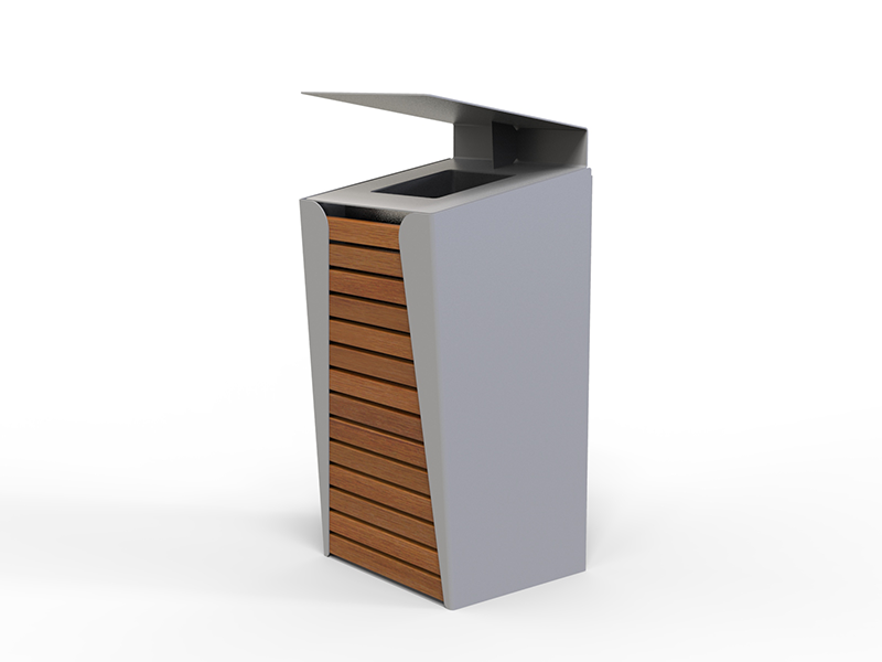 Poubelle urbaine carrée acier et bois avec toit relevable – Image 3