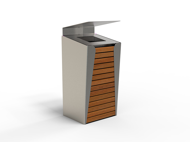 Poubelle urbaine carrée acier et bois avec toit relevable – Image 6
