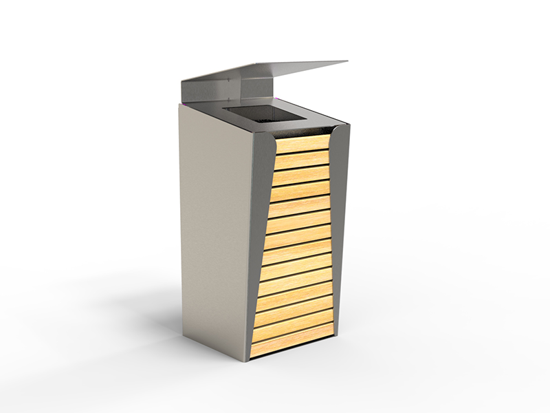 Poubelle urbaine carrée acier et bois avec toit relevable – Image 7