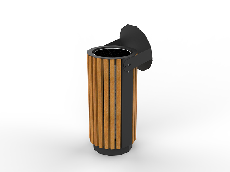Poubelle urbaine ronde acier et bois avec toit inclinable – Image 3