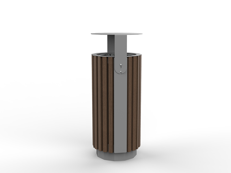 Poubelle urbaine ronde acier et bois avec toit inclinable – Image 4