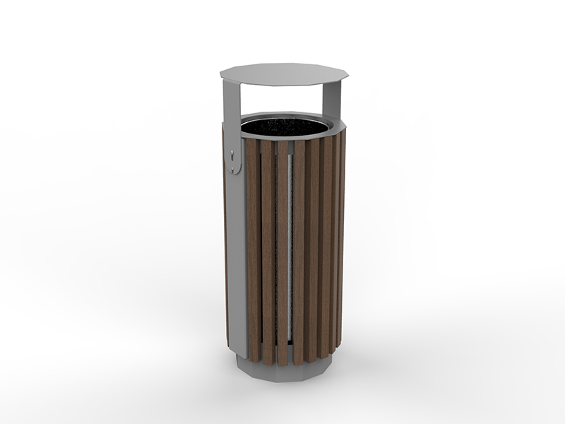 Poubelle urbaine ronde acier et bois avec toit inclinable – Image 5