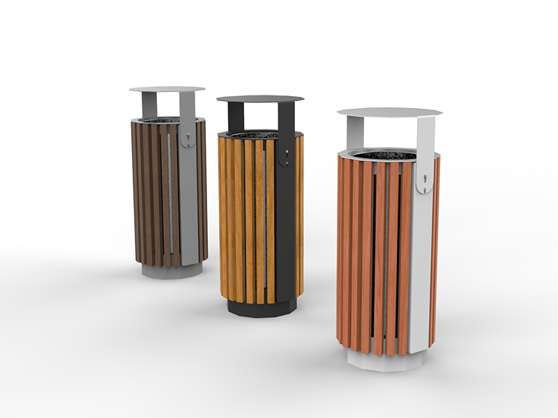 Poubelle urbaine ronde acier et bois avec toit inclinable – Image 2